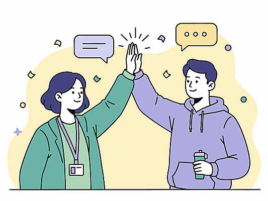 여자 남자 말풍선 일러스트 미소 들기 상반신 성인 두명 노란색 꽃가루 하이파이브 사원증 소통 텀블러 성인만 국내일러스트 AI파일 컬러 컨셉 비즈니스 모션 표정 사람 손짓 컵 가루 파일형식 벡터