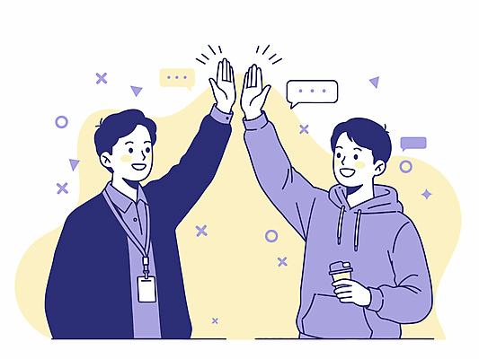 남자 말풍선 일러스트 미소 들기 상반신 성인 두명 노란색 하이파이브 소통 테이크아웃컵 성인남자만 국내일러스트 AI파일 컬러 컨셉 모션 표정 사람 손짓 컵 남자만 성인만 파일형식 벡터