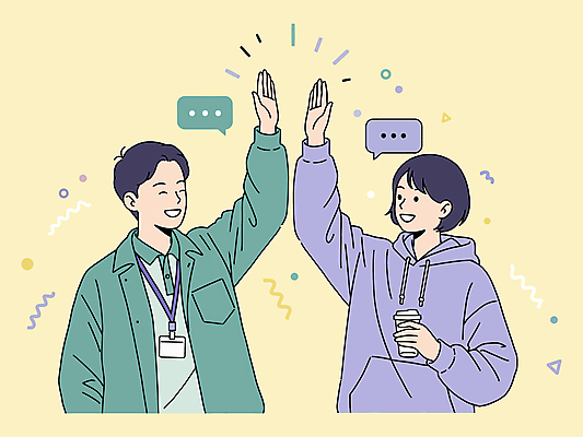 여자 남자 말풍선 일러스트 미소 들기 상반신 성인 두명 노란색 하이파이브 사원증 소통 테이크아웃컵 성인만 국내일러스트 AI파일 컬러 컨셉 비즈니스 모션 표정 사람 손짓 컵 파일형식 벡터