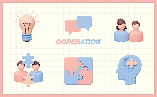 PSD 편집이미지 분홍색 말풍선 비즈니스 전구 협력 아이디어 사람모양 3D 퍼즐 오브젝트 편집3D 모양 컬러 컨셉 디지털합성 파일형식