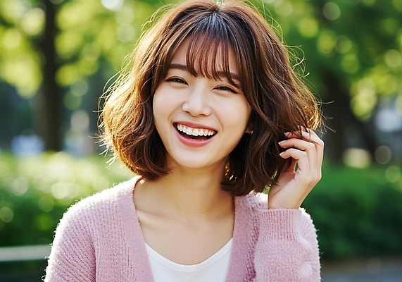 JPG 나무 편집이미지 여자 한명 웃음 상반신 성인 야외 단발머리 의료성형뷰티 성인여자한명만 편집실사 AI인물포토 AI콘텐츠 식물 1 헤어스타일 표정 사람 CG 여자한명만 성인여자만 파일형식 AI포토