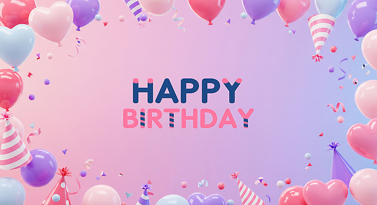 PSD 편집이미지 분홍색 프레임 이벤트 사람없음 고깔모자 꽃가루 광택 생일축하 하트풍선 그라데이션 이미지편집 모자_잡화 컬러 하트 축하 생일 가루 풍선 파일형식