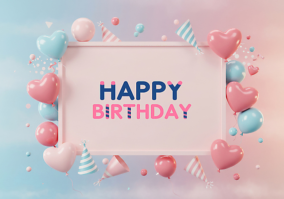 PSD 편집이미지 분홍색 하늘색 프레임 이벤트 사람없음 고깔모자 꽃가루 광택 생일축하 하트풍선 그라데이션 이미지편집 모자_잡화 컬러 파란색 하트 축하 생일 가루 풍선 파일형식