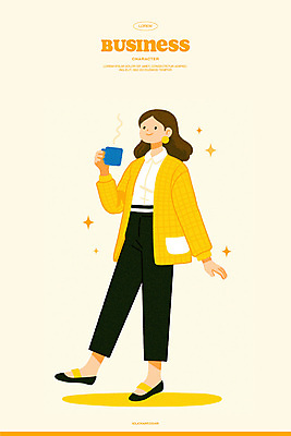 전신 PSD 여자 일러스트 한명 미소 들기 성인 컵 반짝임 비즈니스우먼 수증기 성인여자한명만 연노랑색 일러캐릭터 캐릭터 1 식기 비즈니스 모션 표정 사람 노란색 직장인 여자한명만 성인여자만 파일형식