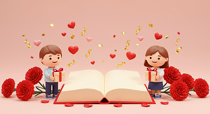 JPG 전신 편집이미지 여자 남자 꽃잎 어린이 분홍색 사랑 미소 들기 소녀 소년 두명 책 선물상자 펼침 하트 어버이날 스승의날 카네이션 감사 꽃가루 가정의달 어린이만 편집3D AI컴퓨터그래픽 AI콘텐츠 모양 기념일 꽃 감정 컬러 모션 표정 선물 사람 상자 3D 5월 가루 파일형식