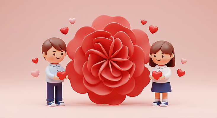 JPG 전신 편집이미지 여자 남자 어린이 분홍색 사랑 미소 들기 소녀 소년 두명 하트 어버이날 스승의날 카네이션 감사 가정의달 어린이만 편집3D AI컴퓨터그래픽 AI콘텐츠 모양 기념일 꽃 감정 컬러 모션 표정 사람 3D 5월 파일형식