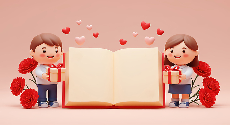 JPG 전신 편집이미지 여자 남자 리본 어린이 분홍색 사랑 미소 들기 소녀 소년 두명 책 선물상자 펼침 하트 어버이날 스승의날 카네이션 감사 가정의달 어린이만 카피스페이스 편집3D AI컴퓨터그래픽 AI콘텐츠 모양 기념일 꽃 감정 컬러 모션 표정 선물 사람 상자 3D 공백 5월 파일형식