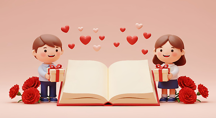 JPG 전신 편집이미지 여자 남자 리본 어린이 분홍색 사랑 미소 들기 소녀 소년 두명 책 선물상자 펼침 하트 어버이날 스승의날 카네이션 감사 가정의달 어린이만 카피스페이스 편집3D AI컴퓨터그래픽 AI콘텐츠 모양 기념일 꽃 감정 컬러 모션 표정 선물 사람 상자 3D 공백 5월 파일형식
