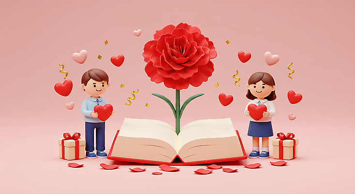JPG 전신 편집이미지 여자 남자 꽃잎 리본 어린이 분홍색 사랑 미소 들기 소녀 소년 두명 책 선물상자 펼침 하트 어버이날 스승의날 카네이션 감사 꽃가루 가정의달 어린이만 편집3D AI컴퓨터그래픽 AI콘텐츠 모양 기념일 꽃 감정 컬러 모션 표정 선물 사람 상자 3D 5월 가루 파일형식