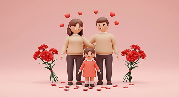 JPG 전신 편집이미지 여자 남자 꽃잎 어린이 분홍색 꽃다발 가족 사랑 미소 소녀 성인 세명 하트 어버이날 카네이션 감사 가정의달 편집3D AI컴퓨터그래픽 AI콘텐츠 모양 기념일 꽃 감정 컬러 관계 표정 사람 3D 5월 파일형식