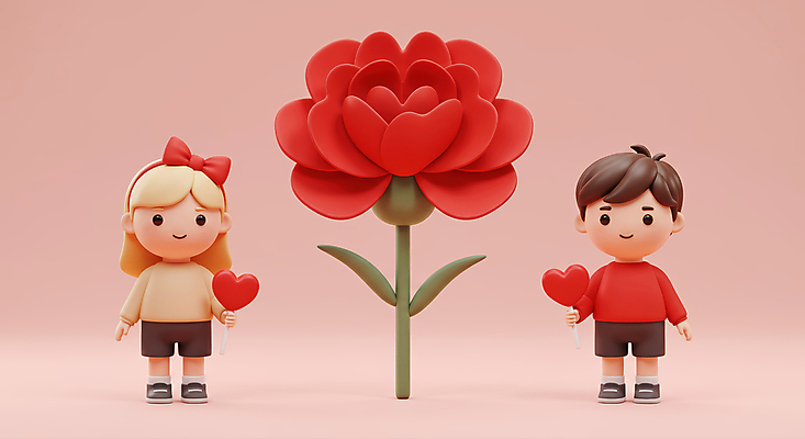 JPG 전신 편집이미지 여자 남자 리본 어린이 분홍색 막대사탕 사랑 미소 소녀 소년 두명 하트 머리띠 어버이날 스승의날 카네이션 감사 가정의달 어린이만 편집3D AI컴퓨터그래픽 AI콘텐츠 모양 기념일 꽃 감정 컬러 장신구 표정 사탕 사람 3D 5월 파일형식