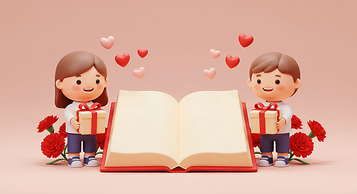 JPG 전신 편집이미지 여자 남자 리본 어린이 분홍색 사랑 미소 들기 소녀 소년 두명 책 선물상자 펼침 하트 어린이날 어버이날 카네이션 감사 가정의달 어린이만 카피스페이스 편집3D AI컴퓨터그래픽 AI콘텐츠 모양 기념일 꽃 감정 컬러 모션 표정 선물 사람 상자 3D 공백 5월 파일형식