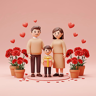 JPG 전신 편집이미지 여자 남자 꽃잎 리본 화분 어린이 분홍색 가족 사랑 미소 들기 소년 성인 세명 선물상자 카펫 하트 어버이날 카네이션 감사 가정의달 편집3D AI컴퓨터그래픽 AI콘텐츠 모양 기념일 꽃 감정 컬러 관계 모션 표정 선물 사람 상자 3D 5월 파일형식