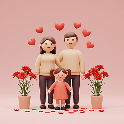 JPG 전신 편집이미지 여자 남자 꽃잎 화분 어린이 분홍색 사랑 미소 소녀 성인 세명 하트 어버이날 카네이션 감사 가정의달 편집3D AI컴퓨터그래픽 AI콘텐츠 모양 기념일 꽃 감정 컬러 표정 사람 3D 5월 파일형식