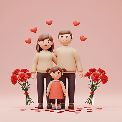 JPG 전신 편집이미지 여자 남자 꽃잎 리본 어린이 분홍색 꽃다발 사랑 미소 소녀 성인 세명 하트 어버이날 카네이션 감사 가정의달 편집3D AI컴퓨터그래픽 AI콘텐츠 모양 기념일 꽃 감정 컬러 표정 사람 3D 5월 파일형식