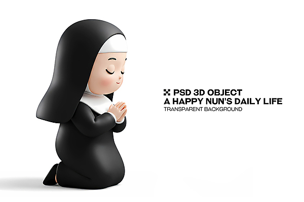 전신 PSD 편집이미지 여자 3D캐릭터 한명 미소 성인 3D 눈감음 검은색 기도 무릎꿇기 손모으기 수녀 베일 수녀복 성인여자한명만 편집3D 캐릭터 1 컬러 모션 표정 사람 손짓 천주교 디지털합성 여자한명만 성인여자만 파일형식