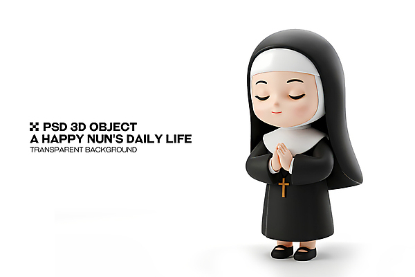 전신 PSD 편집이미지 여자 십자가 3D캐릭터 한명 서기 미소 성인 3D 눈감음 검은색 기도 손모으기 수녀 베일 수녀복 성인여자한명만 편집3D 캐릭터 1 컬러 모션 표정 사람 손짓 천주교 디지털합성 여자한명만 성인여자만 파일형식