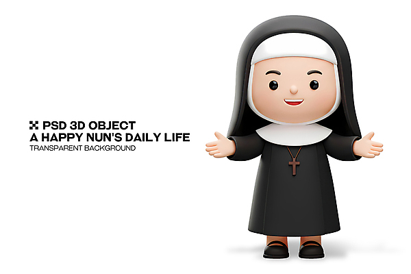 전신 PSD 편집이미지 여자 팔벌리기 3D캐릭터 한명 서기 미소 성인 3D 검은색 수녀 베일 수녀복 십자가목걸이 성인여자한명만 편집3D 캐릭터 1 컬러 목걸이 모션 표정 사람 천주교 디지털합성 여자한명만 성인여자만 파일형식