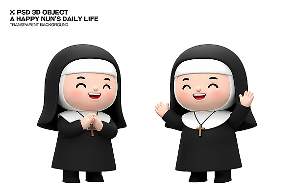 전신 PSD 편집이미지 여자 3D캐릭터 서기 미소 성인 두명 3D 검은색 만세 손모으기 수녀 베일 수녀복 십자가목걸이 성인여자만 편집3D 캐릭터 컬러 목걸이 모션 표정 사람 손짓 천주교 디지털합성 여자만 성인만 파일형식