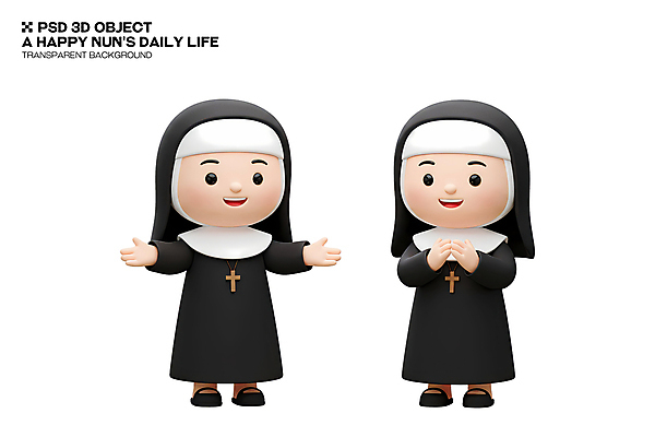 전신 PSD 편집이미지 여자 팔벌리기 3D캐릭터 서기 미소 성인 두명 3D 검은색 손모으기 수녀 베일 수녀복 십자가목걸이 성인여자만 편집3D 캐릭터 컬러 목걸이 모션 표정 사람 손짓 천주교 디지털합성 여자만 성인만 파일형식