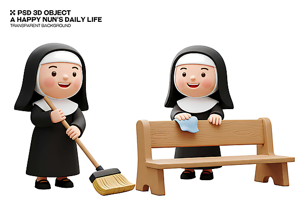 전신 PSD 편집이미지 여자 벤치 3D캐릭터 미소 성인 두명 3D 검은색 잡기 빗자루 청소 걸레 닦기 수녀 베일 수녀복 쓸기 성인여자만 편집3D 캐릭터 컬러 의자 모션 표정 사람 천주교 청소도구 디지털합성 여자만 성인만 파일형식