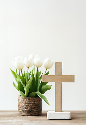 JPG 편집이미지 기독교 화분 백그라운드 잎 사람없음 평화 천주교 튤립 나무십자가 나무탁자 편집실사 AI포토 AI콘텐츠 식물 꽃 종교 컨셉 십자가 탁자 CG 파일형식