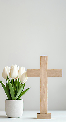 JPG 편집이미지 기독교 화분 백그라운드 잎 탁자 사람없음 평화 천주교 튤립 나무십자가 편집실사 AI포토 AI콘텐츠 식물 꽃 종교 가구 컨셉 십자가 CG 파일형식