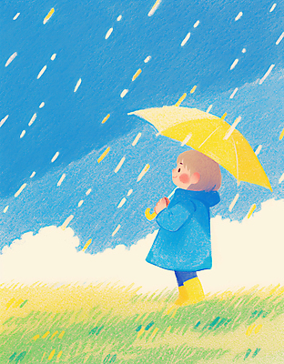 JPG 전신 구름 여자 어린이 일러스트 우산 하늘 장화 한명 미소 들기 소녀 잔디 초원 봄비 우비 소녀한명만 국내일러스트 AI일러스트 AI콘텐츠 자연요소 식물 1 옷 신발 모션 표정 사람 봄 비_날씨 여자한명만 소녀만 파일형식