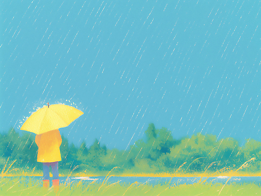 JPG 전신 나무 일러스트 우산 하늘 한명 들기 사람 잔디 초원 강 봄비 국내일러스트 AI일러스트 AI콘텐츠 식물 1 모션 봄 비_날씨 파일형식