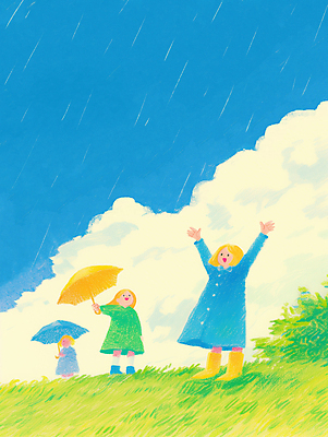 JPG 전신 구름 여자 어린이 일러스트 우산 하늘 장화 미소 들기 소녀 잔디 초원 세명 만세 풀 봄비 우비 소녀만 국내일러스트 AI일러스트 AI콘텐츠 자연요소 식물 옷 신발 모션 표정 사람 봄 비_날씨 여자만 어린이만 파일형식