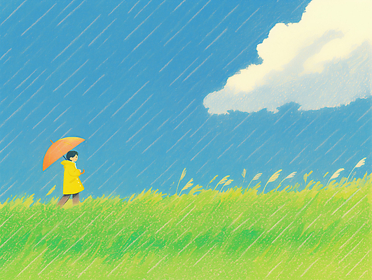 JPG 전신 구름 남자 일러스트 우산 하늘 한명 들기 잔디 초원 성인 걷기 봄비 우비 성인남자한명만 국내일러스트 AI일러스트 AI콘텐츠 자연요소 식물 1 옷 모션 사람 봄 비_날씨 남자한명만 성인남자만 파일형식