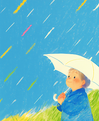 JPG 남자 어린이 일러스트 우산 하늘 한명 미소 들기 소년 잔디 초원 상반신 봄비 우비 소년한명만 국내일러스트 AI일러스트 AI콘텐츠 식물 1 옷 모션 표정 사람 봄 비_날씨 남자한명만 소년만 파일형식