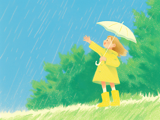 JPG 여자 어린이 일러스트 우산 하늘 장화 한명 미소 들기 소녀 잔디 초원 손들기 풀 봄비 우비 소녀한명만 국내일러스트 AI일러스트 AI콘텐츠 식물 1 옷 신발 모션 표정 사람 봄 비_날씨 여자한명만 소녀만 파일형식