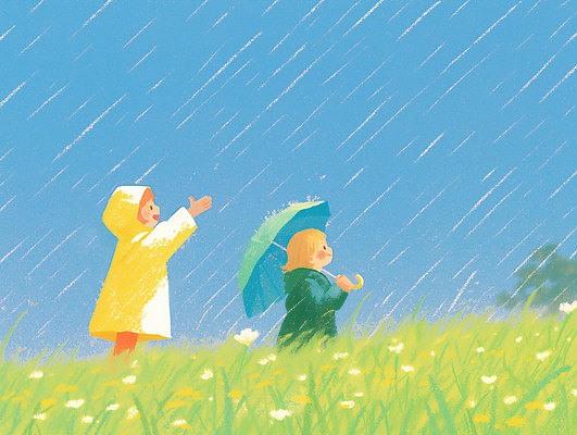 JPG 여자 어린이 꽃밭 일러스트 우산 하늘 미소 들기 소녀 잔디 초원 두명 손들기 봄비 우비 소녀만 국내일러스트 AI일러스트 AI콘텐츠 식물 옷 꽃 모션 표정 사람 봄 비_날씨 여자만 어린이만 파일형식