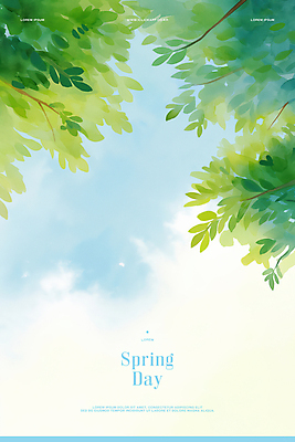 PSD 구름 일러스트 하늘 나뭇잎 수채화 사람없음 초록색 봄풍경 나뭇가지 국내일러스트 자연요소 나무 컬러 잎 풍경 봄 파일형식