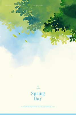 PSD 구름 일러스트 하늘 나뭇잎 수채화 사람없음 초록색 봄풍경 국내일러스트 자연요소 컬러 잎 풍경 봄 파일형식