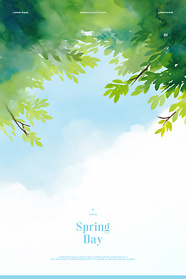 PSD 구름 일러스트 하늘 나뭇잎 수채화 사람없음 초록색 봄풍경 나뭇가지 국내일러스트 자연요소 나무 컬러 잎 풍경 봄 파일형식