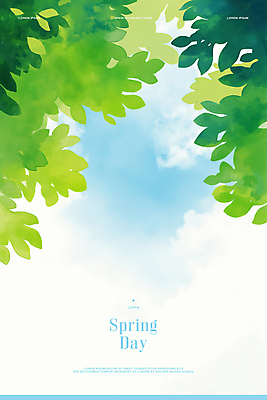 PSD 구름 일러스트 하늘 나뭇잎 수채화 사람없음 초록색 봄풍경 국내일러스트 자연요소 컬러 잎 풍경 봄 파일형식