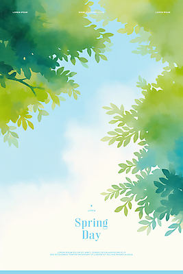 PSD 구름 일러스트 하늘 나뭇잎 수채화 사람없음 초록색 봄풍경 국내일러스트 자연요소 컬러 잎 풍경 봄 파일형식