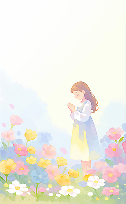 JPG 전신 여자 기독교 어린이 꽃밭 일러스트 수채화 한명 서기 소녀 컬러풀 눈감음 천주교 기도 풀잎 손모으기 소녀한명만 국내일러스트 AI일러스트 AI콘텐츠 1 꽃 종교 컬러 잎 모션 사람 손짓 풀_식물 여자한명만 소녀만 파일형식