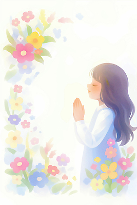 JPG 여자 기독교 어린이 잎 꽃밭 일러스트 수채화 한명 소녀 상반신 컬러풀 눈감음 천주교 기도 손모으기 소녀한명만 국내일러스트 AI일러스트 AI콘텐츠 식물 1 꽃 종교 컬러 모션 사람 손짓 여자한명만 소녀만 파일형식