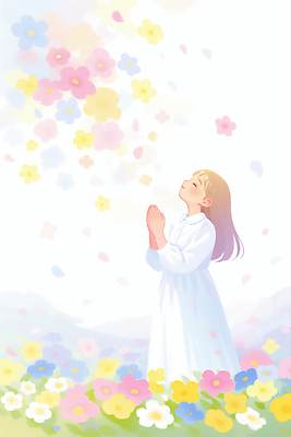 JPG 여자 기독교 어린이 꽃밭 일러스트 수채화 한명 소녀 컬러풀 눈감음 천주교 기도 풀잎 고개들기 손모으기 소녀한명만 국내일러스트 AI일러스트 AI콘텐츠 1 꽃 종교 컬러 잎 모션 사람 손짓 풀_식물 여자한명만 소녀만 파일형식