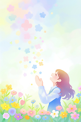 JPG 여자 기독교 어린이 꽃밭 일러스트 수채화 한명 미소 소녀 상반신 컬러풀 천주교 기도 풀잎 고개들기 손모으기 소녀한명만 국내일러스트 AI일러스트 AI콘텐츠 1 꽃 종교 컬러 잎 모션 표정 사람 손짓 풀_식물 여자한명만 소녀만 파일형식