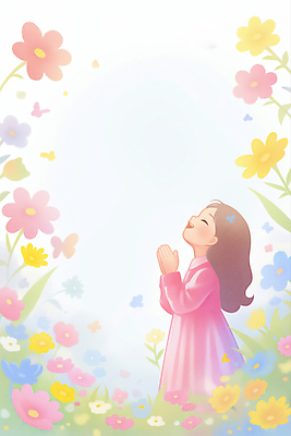 JPG 여자 기독교 어린이 꽃밭 일러스트 수채화 한명 미소 소녀 상반신 컬러풀 천주교 기도 풀잎 고개들기 손모으기 소녀한명만 국내일러스트 AI일러스트 AI콘텐츠 1 꽃 종교 컬러 잎 모션 표정 사람 손짓 풀_식물 여자한명만 소녀만 파일형식