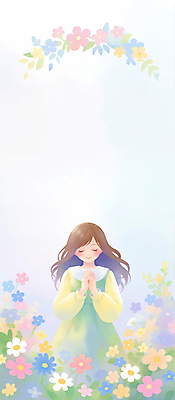 JPG 여자 기독교 어린이 꽃밭 일러스트 수채화 한명 미소 소녀 상반신 컬러풀 눈감음 천주교 기도 풀잎 손모으기 소녀한명만 국내일러스트 AI일러스트 AI콘텐츠 1 꽃 종교 컬러 잎 모션 표정 사람 손짓 풀_식물 여자한명만 소녀만 파일형식