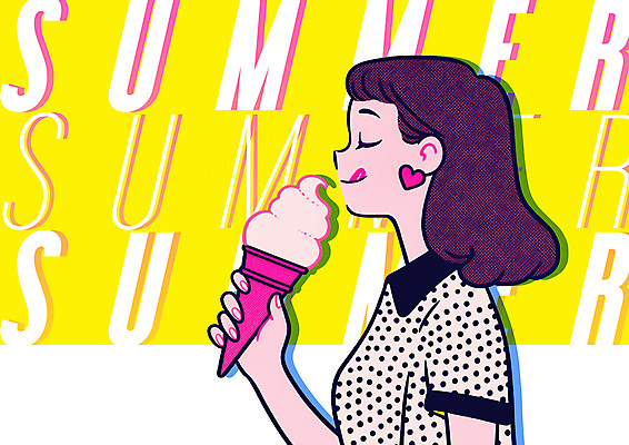 PSD 여자 일러스트 여름음식 한명 미소 들기 상반신 성인 여름 노란색 눈감음 귀걸이 팝아트 콘아이스크림 카툰스타일 성인여자한명만 국내일러스트 1 계절 음식 컬러 장신구 모션 아이스크림 표정 사람 그림 여자한명만 성인여자만 파일형식 여름_계절