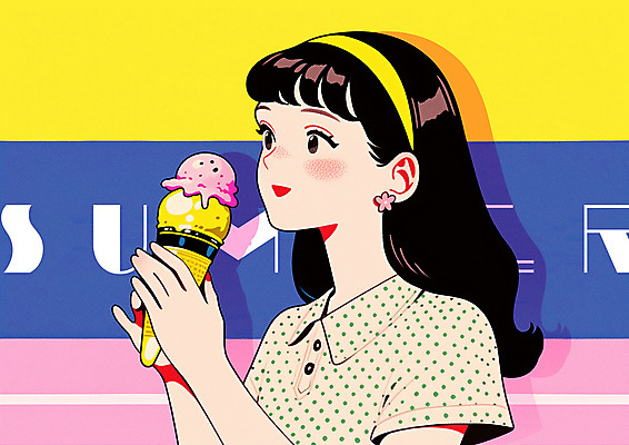 PSD 여자 일러스트 청소년 여름음식 한명 들기 상반신 여름 노란색 귀걸이 머리띠 팝아트 콘아이스크림 카툰스타일 십대여자한명만 국내일러스트 1 계절 음식 컬러 장신구 모션 아이스크림 사람 그림 여자한명만 십대여자만 파일형식 여름_계절