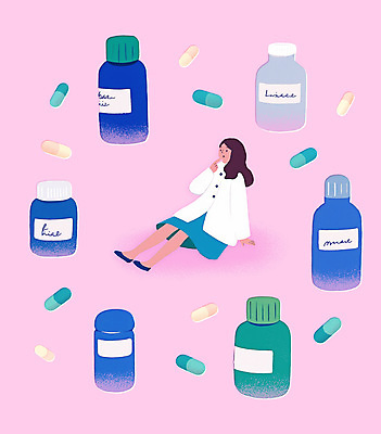 전신 PSD 여자 분홍색 일러스트 의학 건강 한명 앉기 성인 알약 가리킴 약병 고민 영양제 성인여자한명만 국내일러스트 1 감정 컬러 모션 사람 손짓 약 병_담는 여자한명만 성인여자만 파일형식