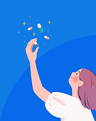 PSD 여자 일러스트 의학 건강 한명 미소 들기 상반신 성인 파란색 반짝임 알약 영양제 성인여자한명만 국내일러스트 1 컬러 모션 표정 사람 약 여자한명만 성인여자만 파일형식