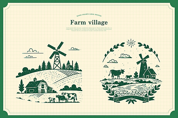 나무 구름 잎 밭 일러스트 주택 사람없음 초록색 목장 풍차 심볼 젖소 국내일러스트 AI파일 자연요소 식물 컬러 농업 건물 소 파일형식 벡터